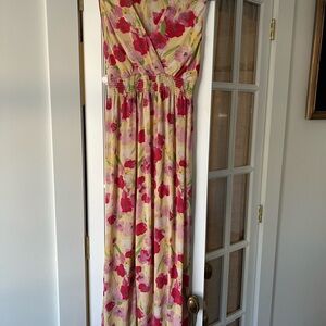 Vintage Floral Silk Maxi Dress with Pink and Yellow Accents